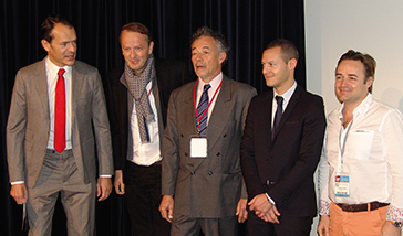 De gauche à droite : Bernard Schweitz, président de la SOP, Gil Tirlet, Philippe Milcent, responsable scientifique de la séance, David Nisand et Stéphane Simon.